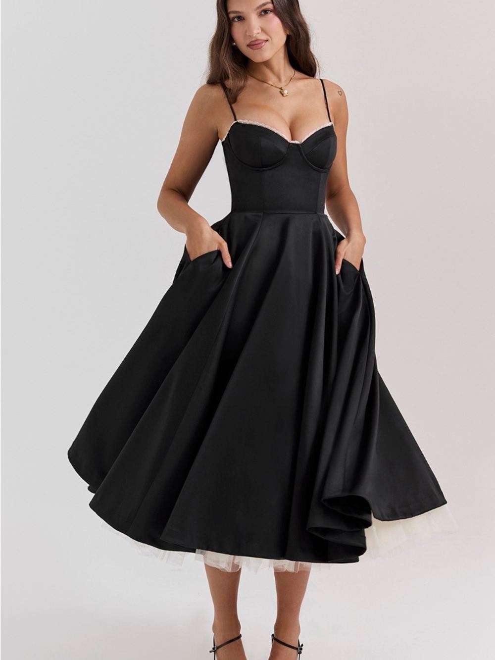 Function & Fringe | Elegant Black Satin Gown with Cream Tulle - Picture 7 of 10